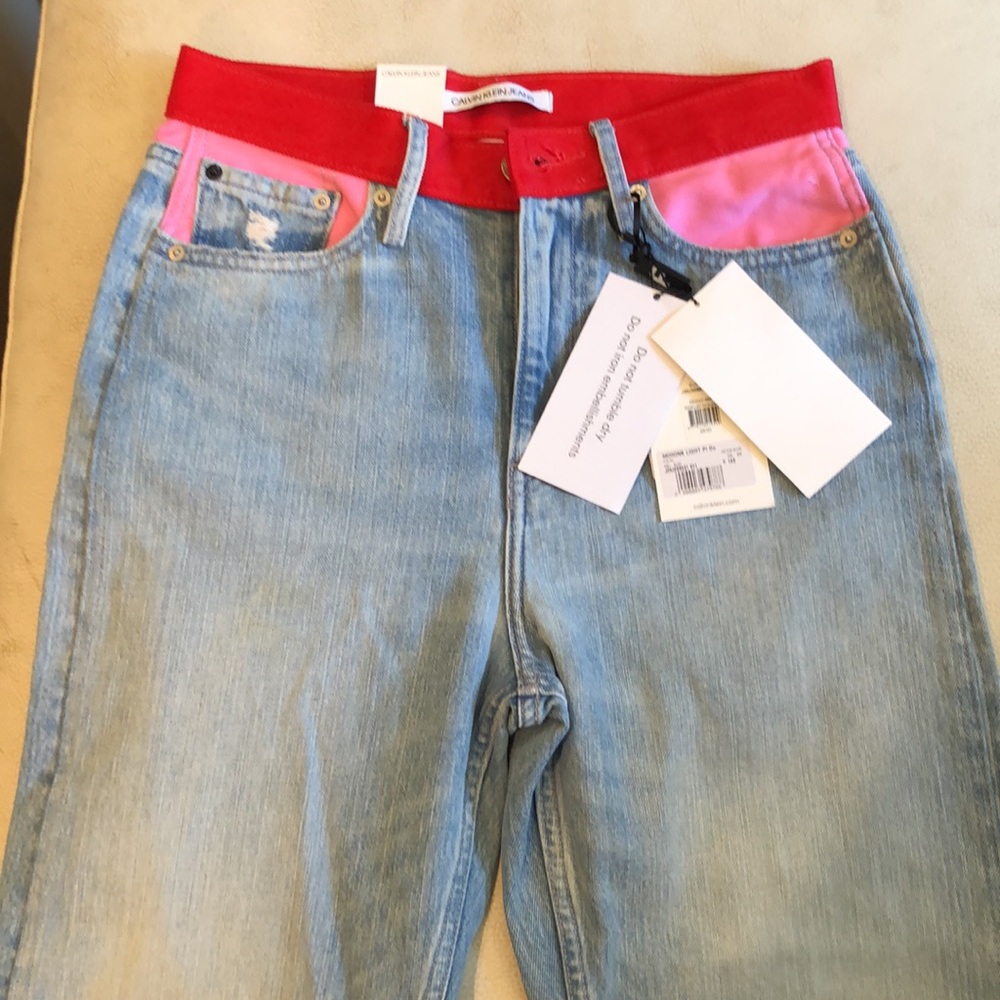Calvin Klein Jeans high Rose Straight Blue Jeans with pink/red at waist - Picture 3 of 11